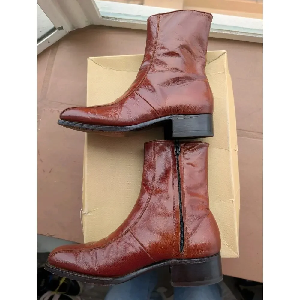 Vintage Florsheim Men's Leather Imperial Cognac Brown 5D Zip Ankle Boots w/box